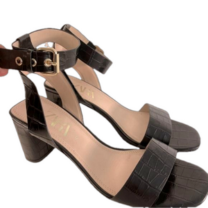 Zara Ankle Wrap Open Toe Sandles Gold Tone Buckle Crocodile Print Block Heel